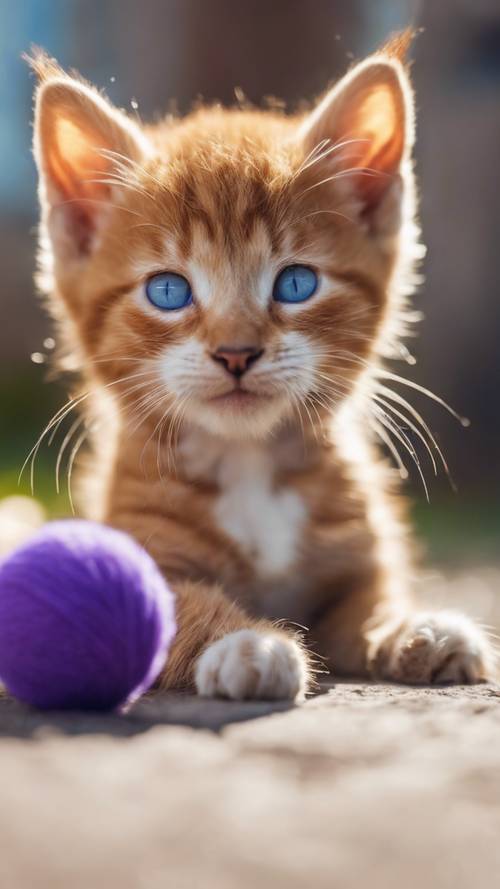 Anak kucing lucu dengan bulu jahe, mata biru, dan ekor lebat, bermain dengan bola wol kecil berwarna ungu di sore hari yang cerah.