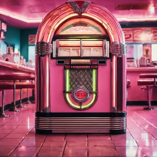 Una máquina de discos clásica de color rosa brillante en un restaurante americano