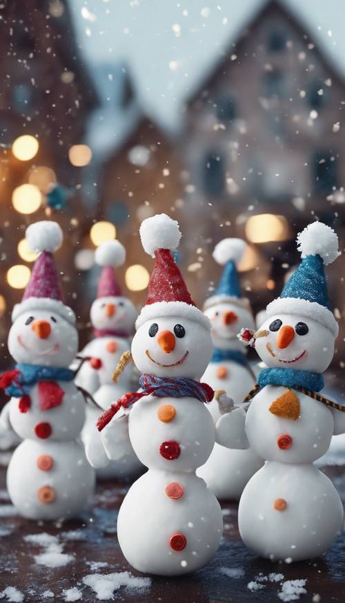 A group of happy snowmen with New Year party hats and blowers in a snowy town.