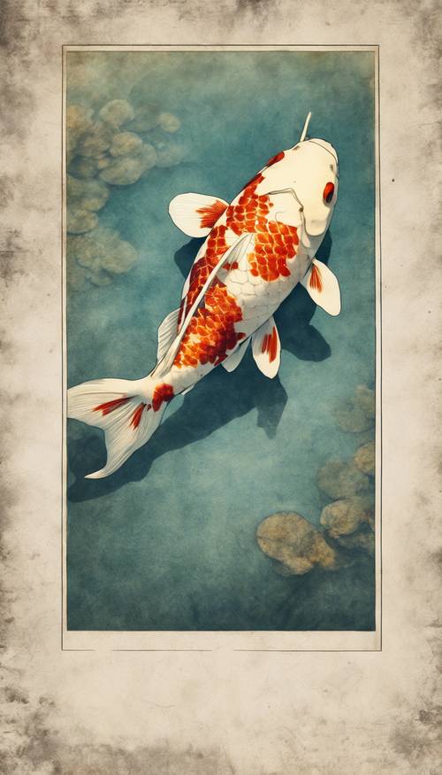 نقش عتيق لسمكة كوي تسبح في بركة هادئة