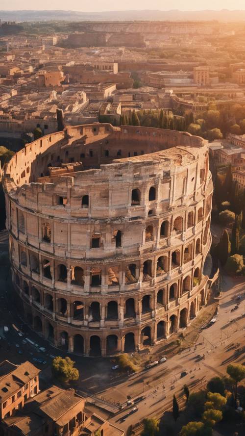 Eine lebendige Luftaufnahme des berühmten römischen Kolosseums bei Sonnenuntergang Hintergrund [be3f73ef49e445ca9945]
