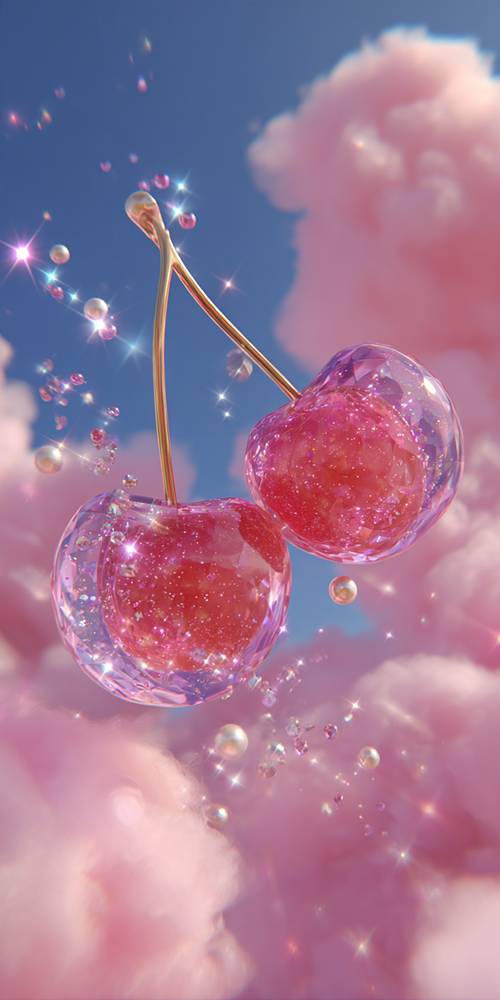Shiny Pink Cherries with Sparkles and Clouds کاغذ دیواری [e64e44f336024b2f8b55]