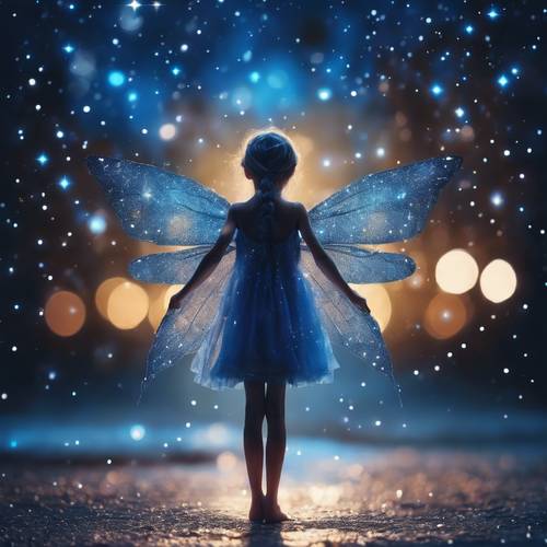 Lone fairy in a velvet blue night, painting stardust across the sky from her tiny, glowing fingers.