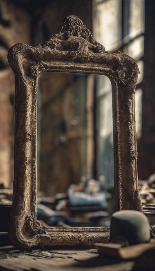 Un miroir antique dans un grenier abandonné, reflétant de vieux bibelots poussiéreux et des souvenirs oubliés.