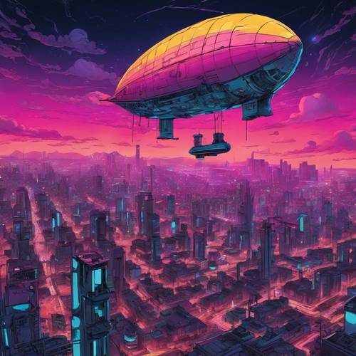 Pemandangan udara kota cyberpunk yang diterangi lampu neon dengan siluet balon udara besar yang melayang di langit malam yang mendung.
