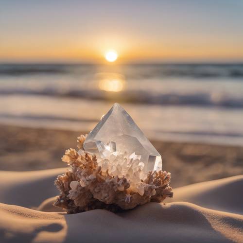 Gugusan kristal penyembuhan di telapak tangan seorang yogi yang tenang, diterangi cahaya fajar, dengan latar belakang pantai yang tenang.