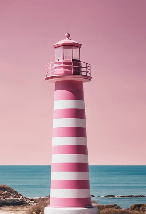 在陽光明媚的日子裡，一座可愛的粉紅色和白色條紋燈塔，以明亮的藍天為背景。
