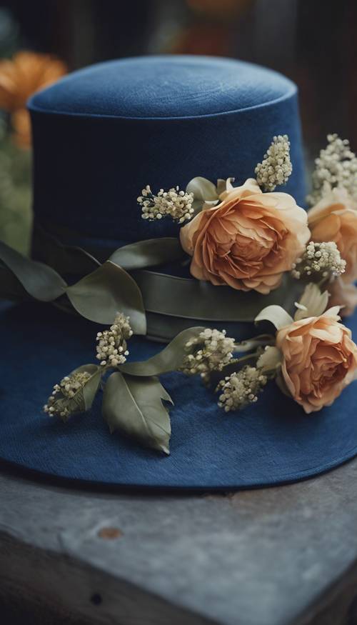 Ciemnoniebieski kapelusz w stylu vintage ozdobiony kwiatami.