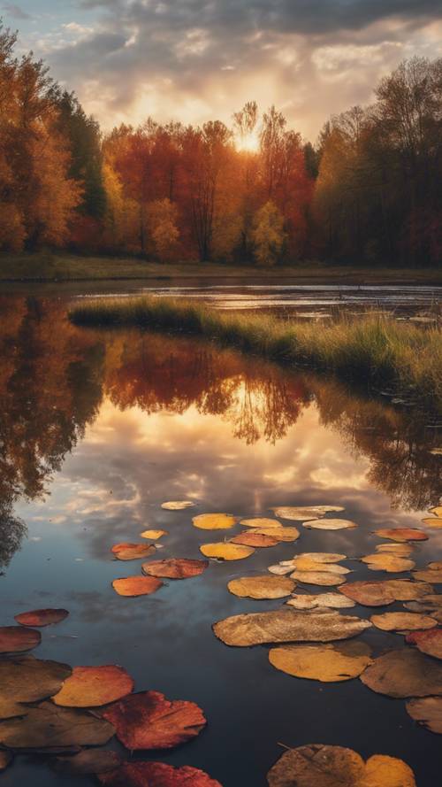 가을 나무로 둘러싸인 고요한 호수의 어두운 표면에 일몰 무지개가 아름답게 반사됩니다.