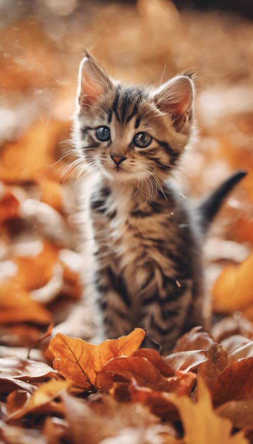 Una imagen de un gatito juguetón rodeado de una variedad de coloridas hojas de otoño.