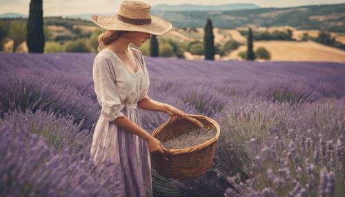 一幅复古风格的画作，描绘的是一位年轻女子在法国普罗旺斯的田野里采摘薰衣草。