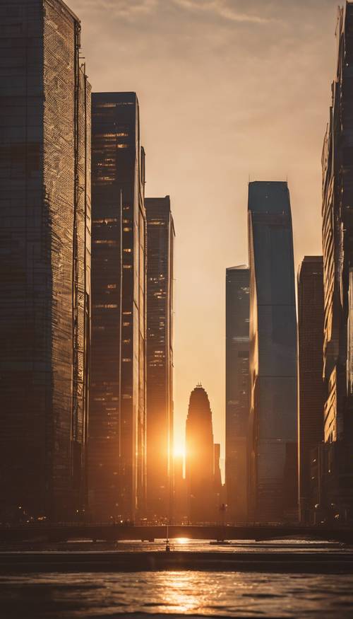 Eine goldene Sonne geht hinter der Silhouette einer stilvollen Stadtlandschaft unter.
