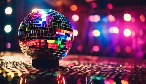 A classic disco ball reflecting colorful lights in a dark dance hall.