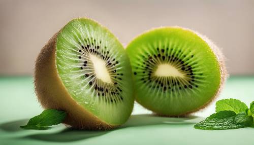 A freshly cut kiwi with a mint leaf on top. Tapet [7df51146da684d76aa8f]