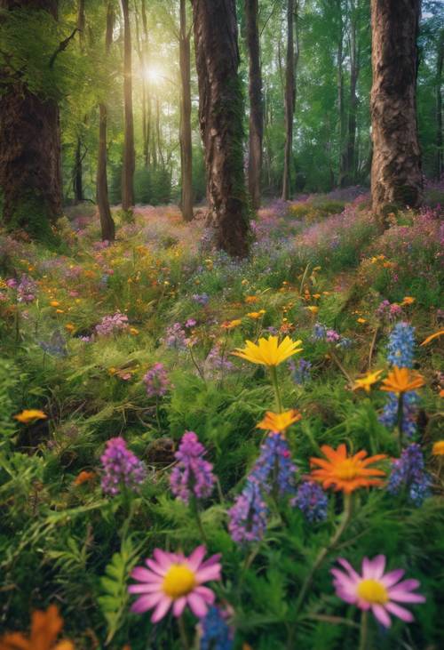 An ancient forest, carpeted with a myriad of brightly coloured wildflowers.