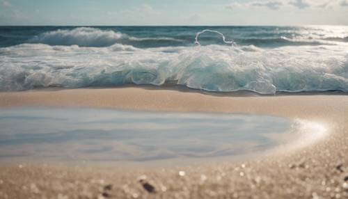 Pemandangan pantai yang tenang dengan pasir kuning pastel yang berputar-putar dan laut biru.
