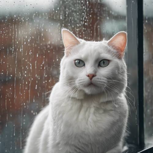 A white cat with a curious expression looking out of a window on a rainy afternoon.