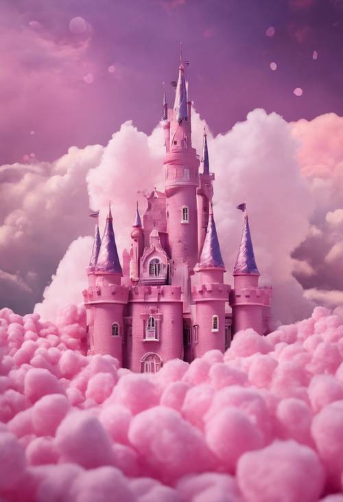 Un castillo rosa con torres de amatista ubicado entre esponjosas nubes de algodón de azúcar.