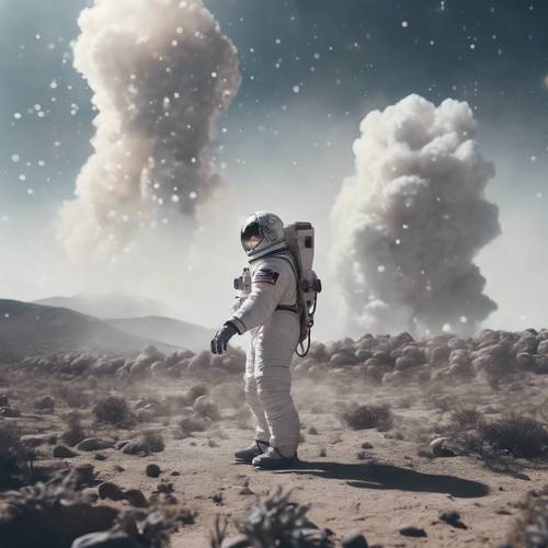 Yabancı bir manzara üzerinde duran bir astronot, ayaklarının etrafında beyaz duman süzülüyor.