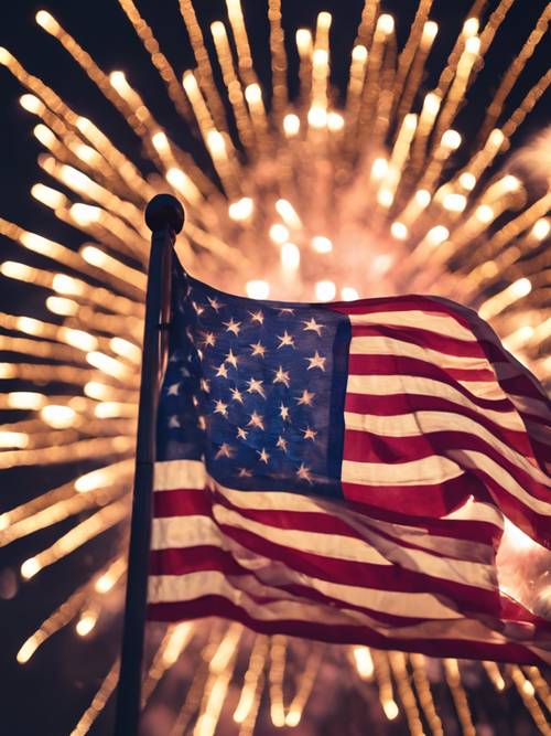Fuochi d&#39;artificio che illuminano una bandiera americana durante la celebrazione del 4 luglio.
