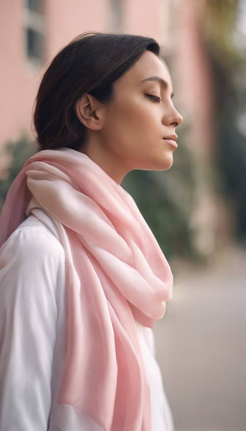 一条浅粉色到白色的渐变色丝巾在微风中飘扬。