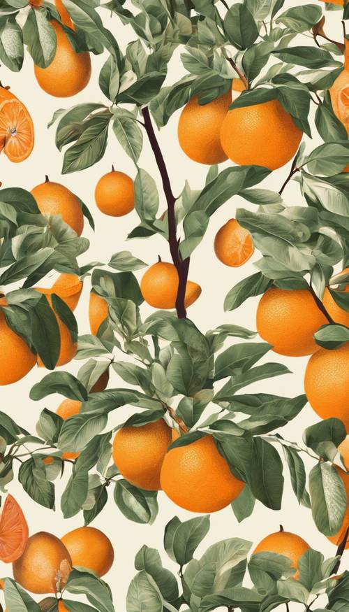 墙纸图案以柑橘橙树的奇特插图为特色。