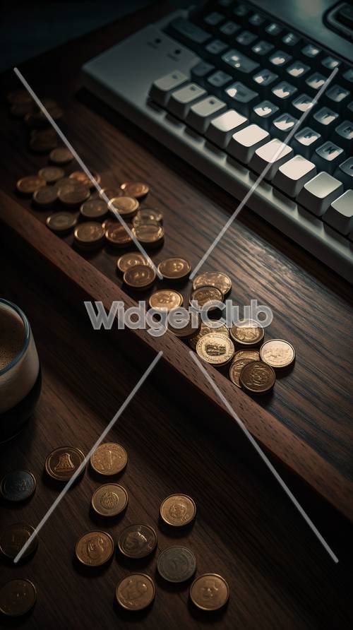 Münzen und Tastatur auf einem Schreibtisch
