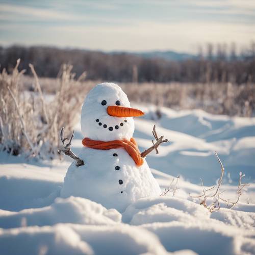 Um boneco de neve mal-humorado com nariz torto de cenoura no meio de um campo coberto de neve.