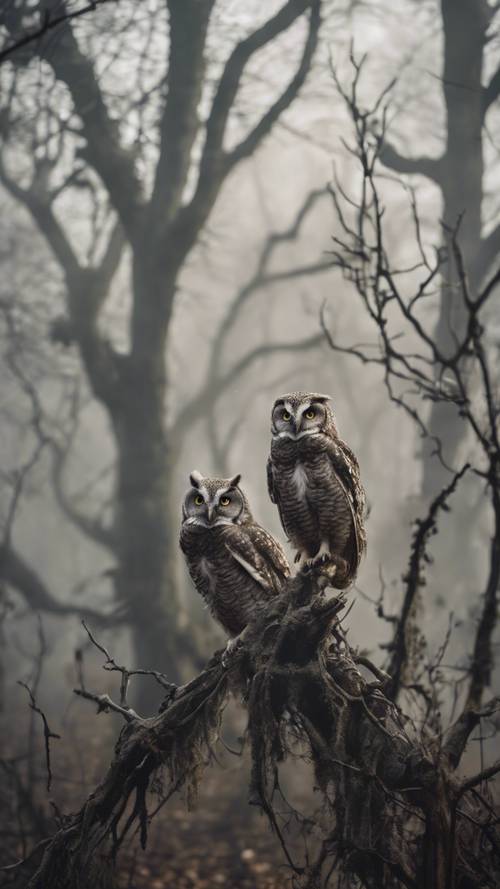 An eerie image of a fog-enclosed haunted forest with owls perched on skeletal branches.