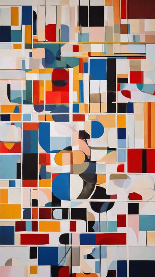 Un dipinto astratto raffigurante una composizione geometrica minimale di forme diverse in audaci colori primari.