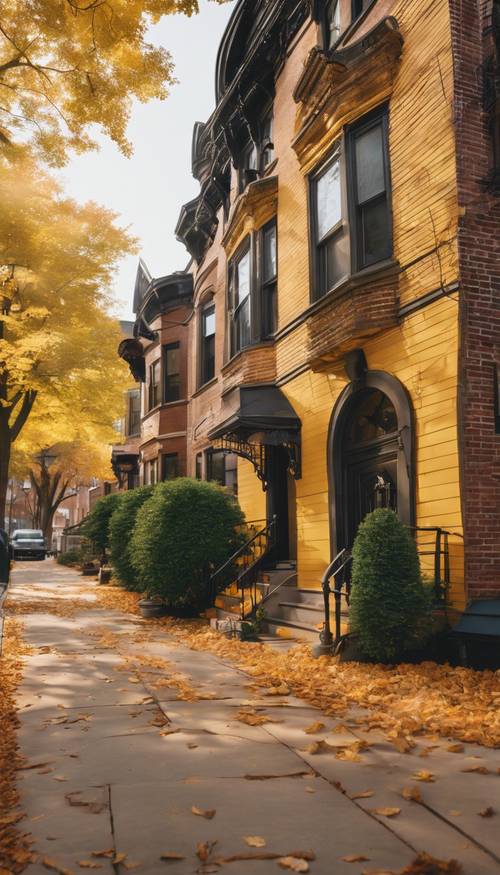 Một ngôi nhà rộng bằng đá nâu kiểu Boston với bề ngoài bằng gạch màu vàng, được bao quanh bởi những cây phong trưởng thành.