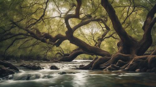 Un paesaggio surreale con un fiume che scorre tra i rami di un albero enorme.