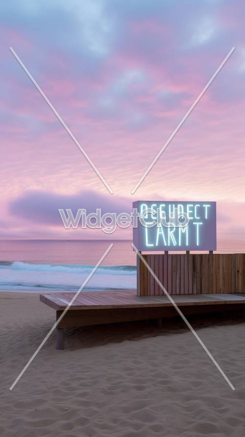 Neon Sign di Pantai saat Matahari Terbenam