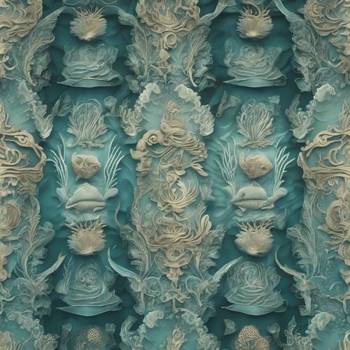 An underwater tranquility embossed onto damask pattern displaying a myriad of marine life.