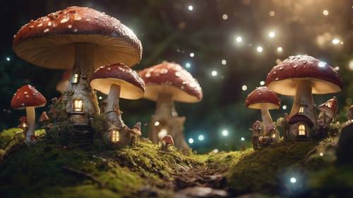 Sebuah desa peri aneh yang terletak di dalam hutan ajaib yang dipenuhi jamur raksasa berkilauan di bawah sinar bulan yang terang.