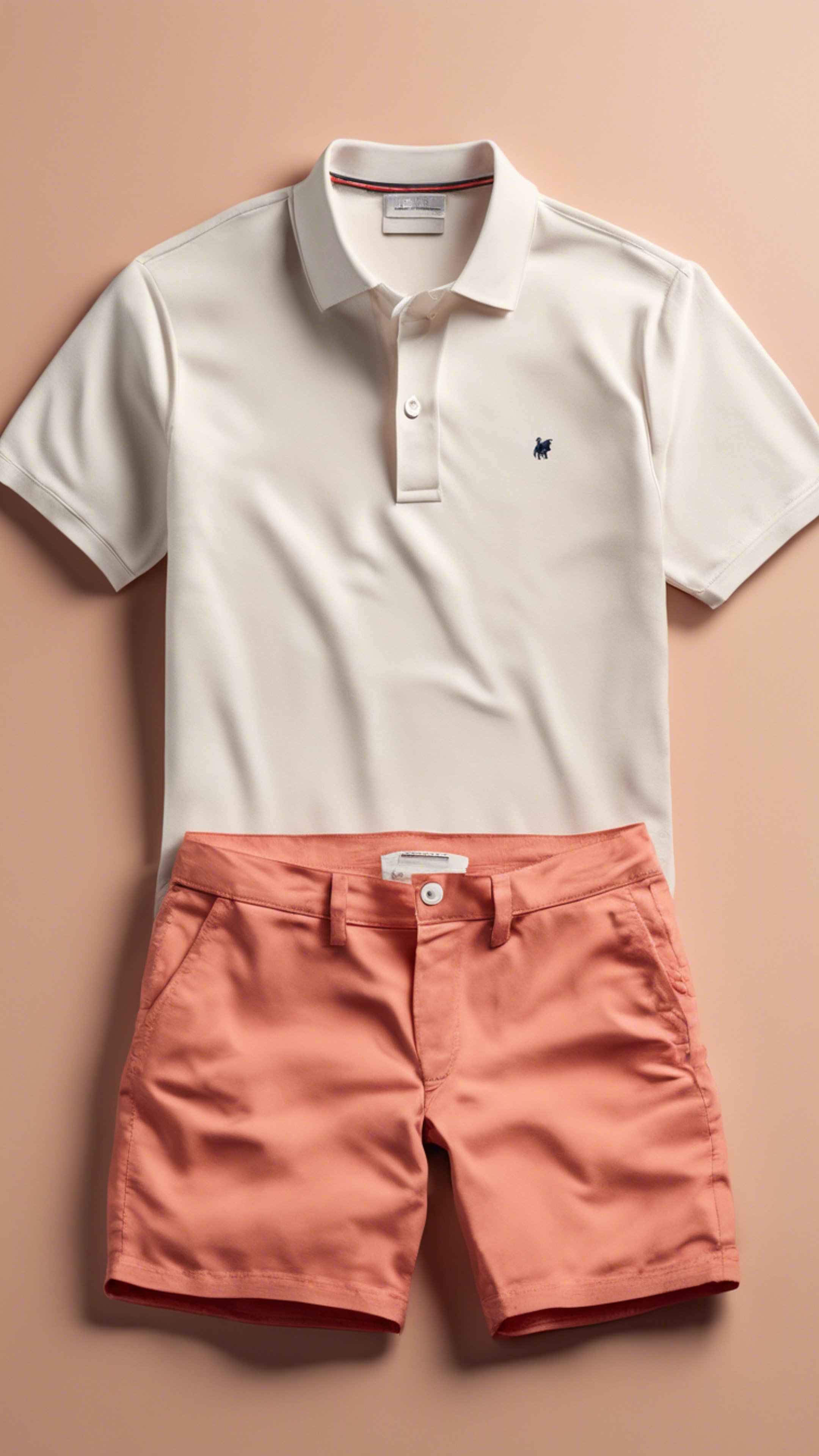 A classic white polo shirt paired with coral colored chino shorts, laid flat on a cream-colored backdrop.壁紙[bdd338d5072a4a13a2d3]