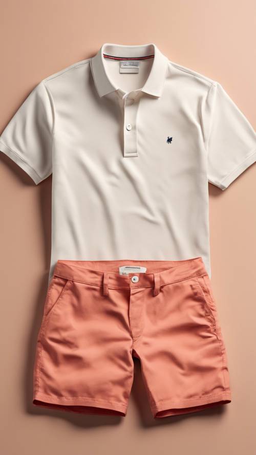 A classic white polo shirt paired with coral colored chino shorts, laid flat on a cream-colored backdrop.