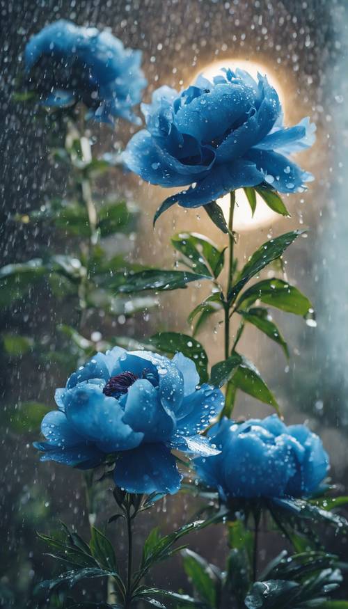 잔잔한 비 아래, 꽃잎이 물방울로 무거워진 한 쌍의 푸른 모란.