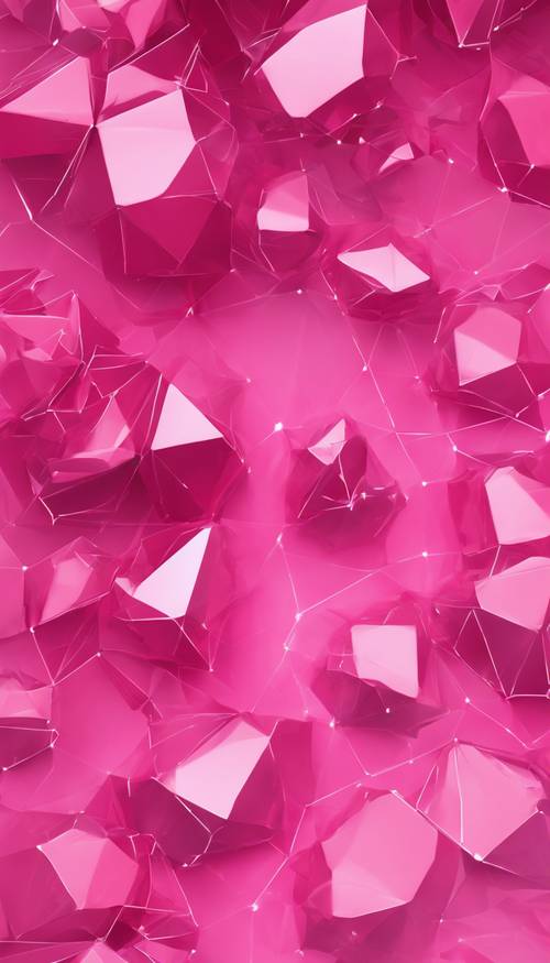 Polígonos abstratos se transformando em formas estranhas e oníricas em um fundo rosa brilhante.