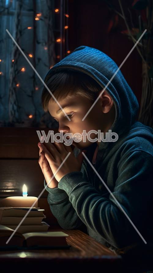 Anak Laki-Laki Berdoa di Bawah Cahaya Lilin