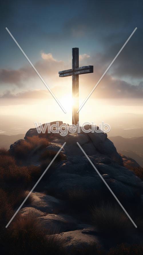 Sunset Behind the Cross on a Hill