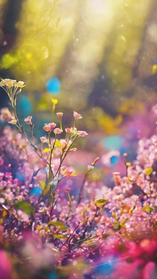 Arte digital abstracto que retrata la llegada de la primavera en remolinos de colores vibrantes.