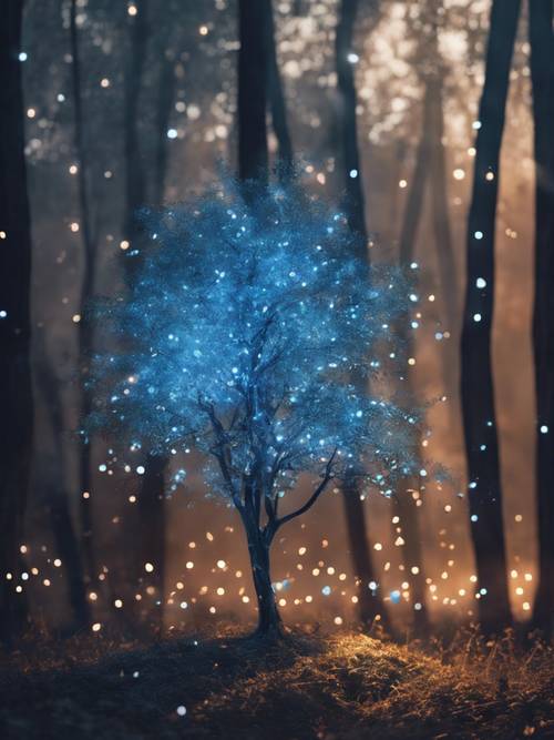 Uma árvore azul translúcida brilhando misteriosamente no escuro, com vaga-lumes luminescentes girando ao seu redor.