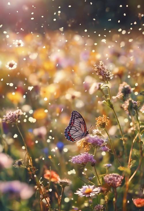 Разноцветные бабочки порхают над полем, усеянным полевыми цветами, а над головой сияет сияющее солнце. Обои [2733dbce7dfc4473a9a1]