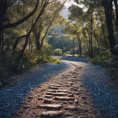 一條礫石小路蜿蜒穿過森林，通往藍山。