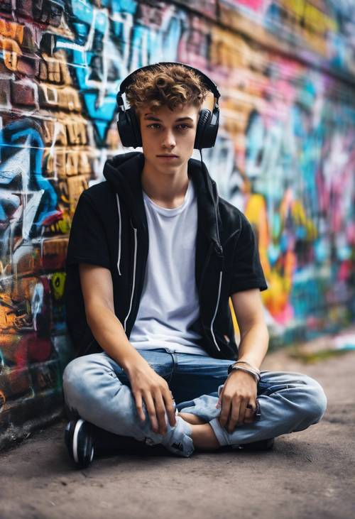 A cool teenage hacker wearing headphones, sitting against a graffiti wall, furiously typing on a laptop. Tapeta na zeď [9b119ec60009419495fa]