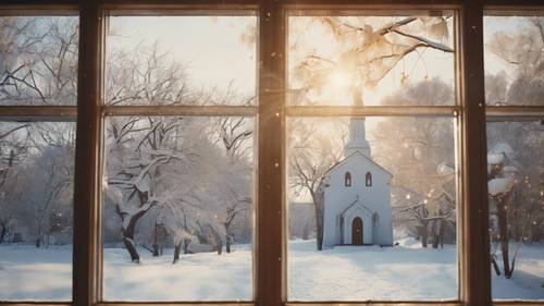 Le finestre di una chiesa illuminano con luce calda la neve fresca che cade all&#39;esterno e la frase &quot;Venite a me, voi tutti che siete stanchi&quot;.