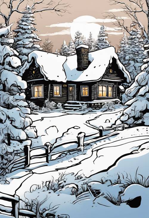一幅古色古香的黑色漫畫，描繪了一座坐落在雪景中的小屋。