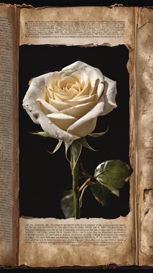 一朵迷人的白玫瑰藏在一本古老的精装书中，书页因岁月的流逝已经泛黄。