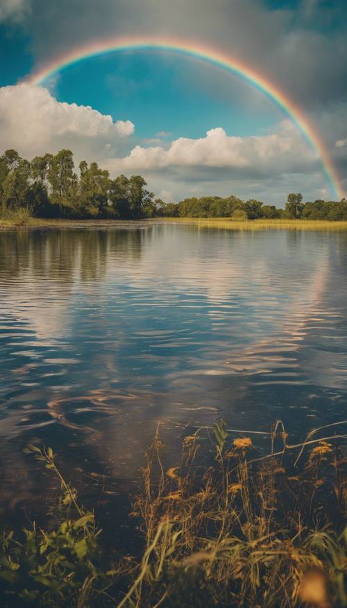 An expansive black lagoon rippling gently under a clear sky with a rainbow stretching across the horizon.